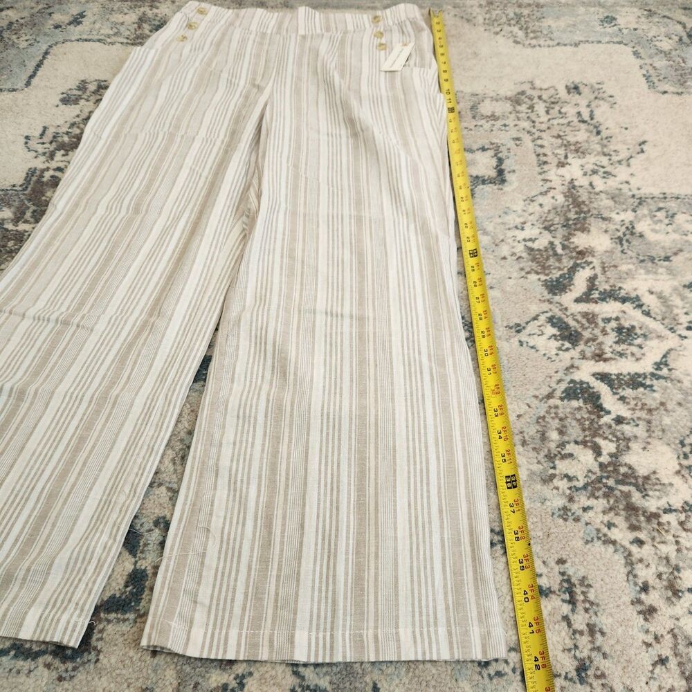 Land 'n Sea Wide Leg Pants Womens L Linen Blend Elastic White Beige Stripes - Picture 9 of 11